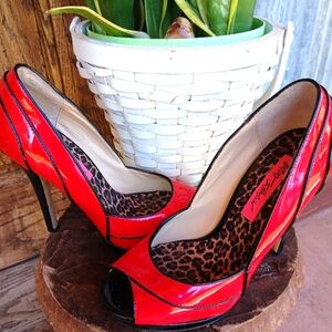 Betsey Johnson HEELS Stilettos Shoes RED and BLACK Patent Vinyl SEXY PINUP Y2K